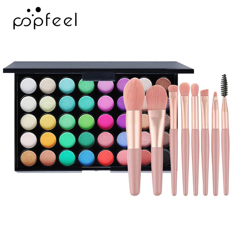 POPFEEL 40-Color Eyeshadow Palette with 8 Pink Eyeshadow Brushes – Long-Lasting, Highly Pigmented, Matte & Shimmer Combo.