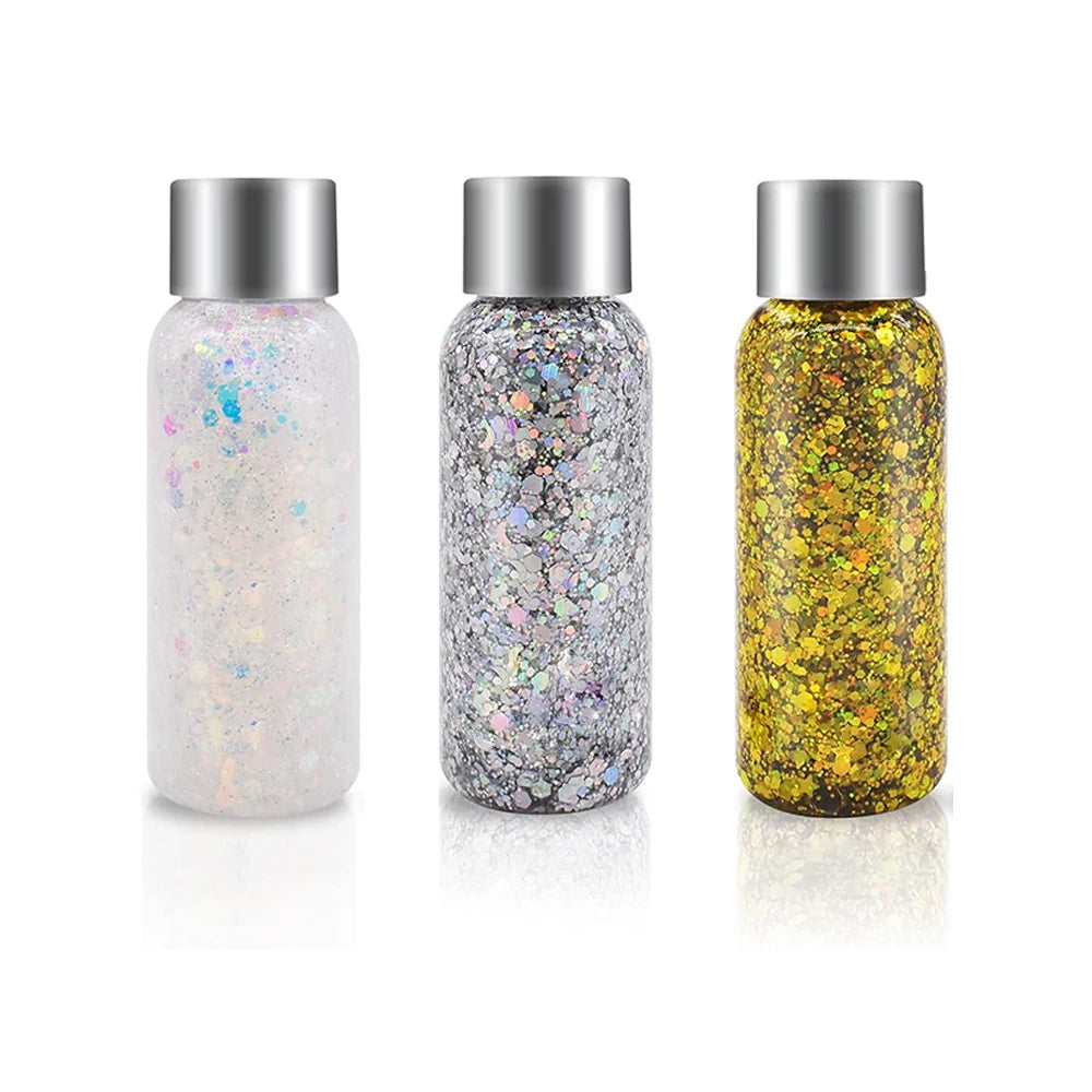 3 Bottles Glitter Makeup Face Hair Body Glitter Gel Lasting Sparkling Liquid Eye Shadow For Festival Party Glitter Bar Makeup