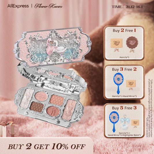Flower Knows Swan Ballet Series Six-Color Eyeshadow Palette Delicate Matte Glow Shimmer