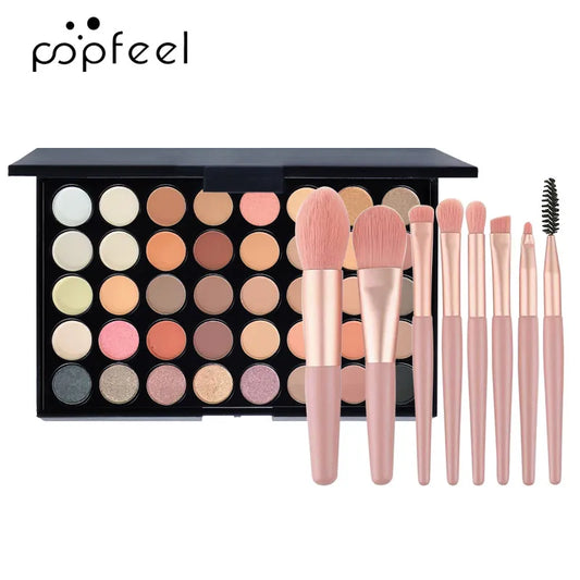 POPFEEL 40-Color Eyeshadow Palette with 8 Pink Eyeshadow Brushes – Long-Lasting, Highly Pigmented, Matte & Shimmer Combo.